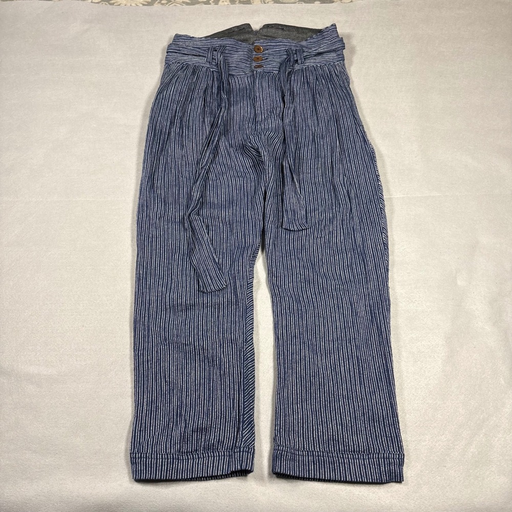 Free People Blue White Striped High Waist Tie Belt Wide Leg Cotton Pants Size 4